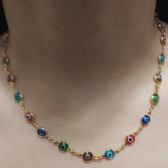 Neiman Marcus 18K Gold Plated Multi Color Evil Eye Necklace - Picture 1 of 4
